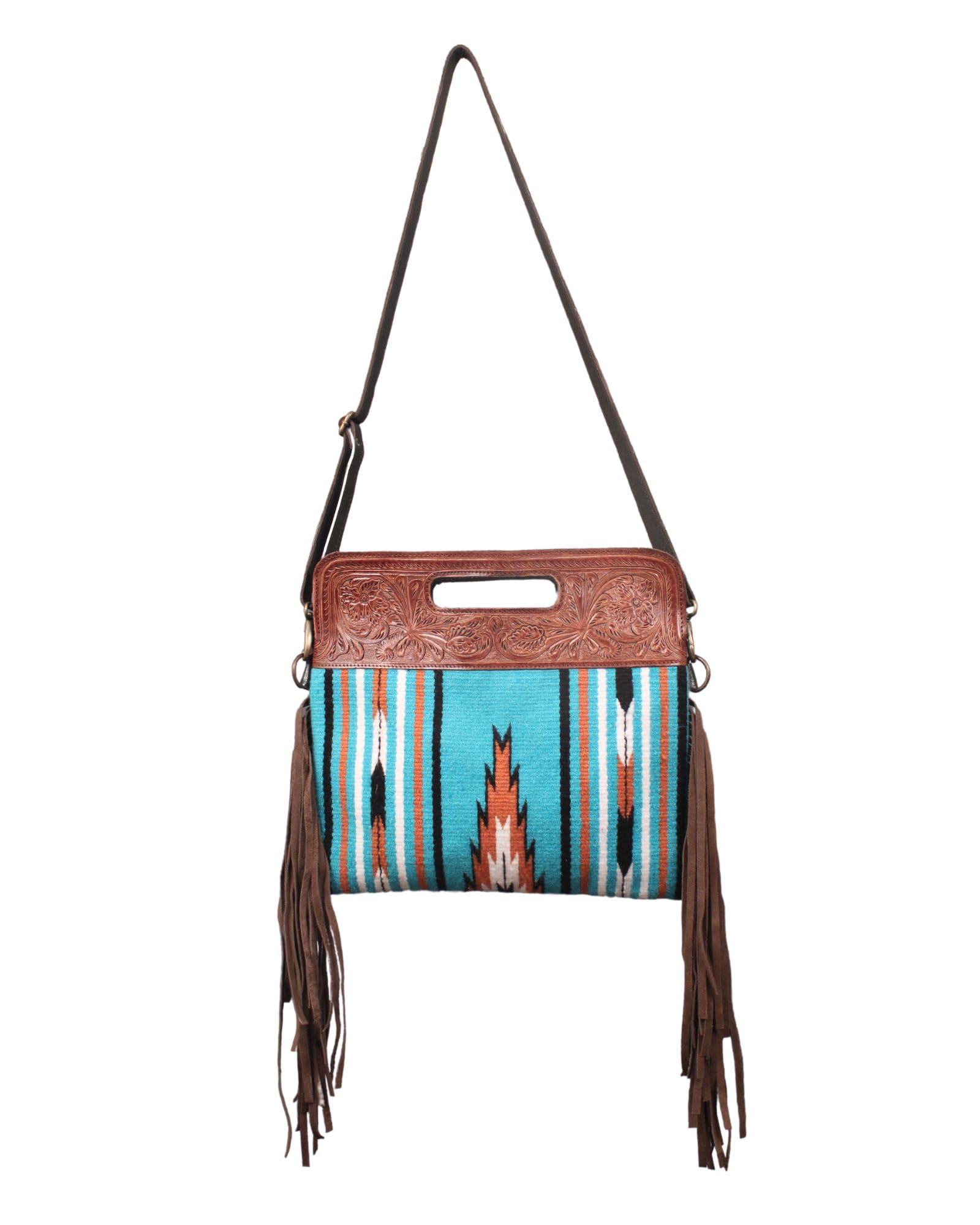 Madosh, Western Style Tote Bag for Women Bohomian Turquoise Aztec Embossed Crossbody Purse Saddle Slingbag